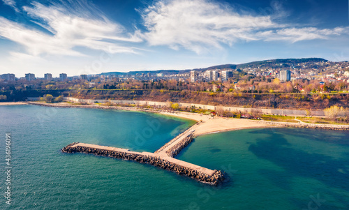 Early spring in Varna. Aerial morning view of Varna port. Amazing seascape of Black sea, east coast of Bulgaria, Europe. Traveling concept background..