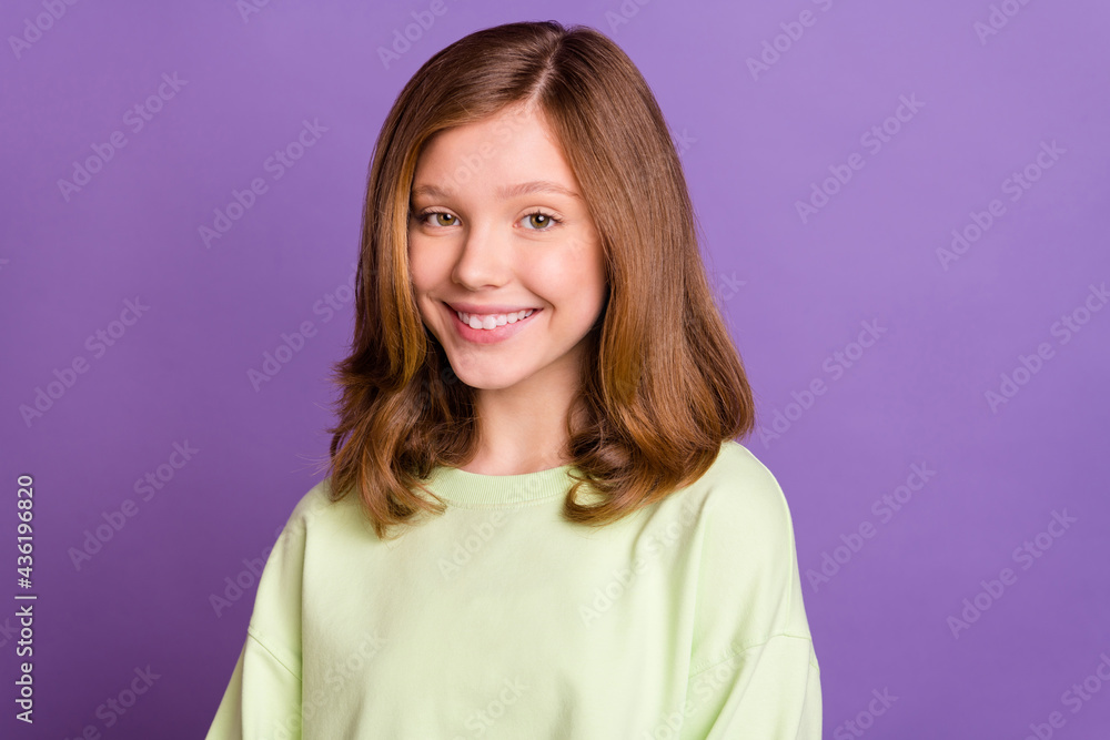 Photo of young attractive pretty lovely girl happy positive smile brown hair isolated over purple color background Photo of young attractive pretty lovely girl happy positive smile brown hair isolated over purple color background