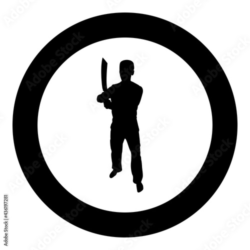 Man with sword machete Cold weapons in hand military man Soldier Serviceman in positions Hunter with knife Fight poses Strong defender Warrior concept Weaponry Stand silhouette in circle round black 