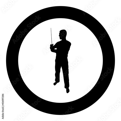 Man with sword machete Cold weapons in hand military man Soldier Serviceman in positions Hunter with knife Fight poses Strong defender Warrior concept Weaponry Stand silhouette in circle round black 
