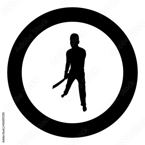 Man with sword machete Cold weapons in hand military man Soldier Serviceman in positions Hunter with knife Fight poses Strong defender Warrior concept Weaponry Stand silhouette in circle round black 