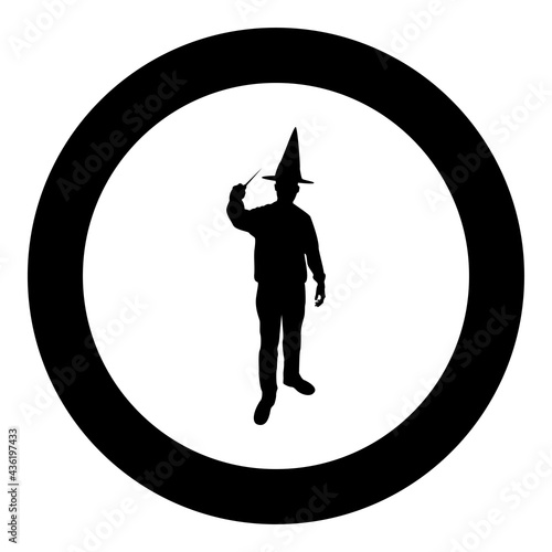 Wizard holds magic wand trick Waving Sorcery concept Magician Sorcerer Fantasy person Warlock man in robe with magical stick Witchcraft in hat mantle Mage conjure Mystery idea Enchantment silhouette 