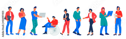 Business Team of diverse multiethnic people, flat vector illustration isolated on white background. Office workers or company representatives male and female characters.