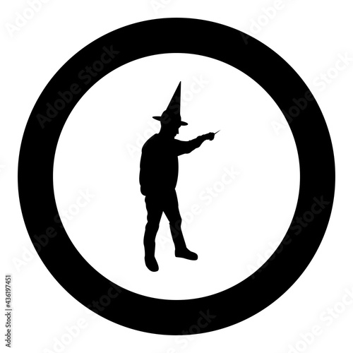 Wizard holds magic wand trick Waving Sorcery concept Magician Sorcerer Fantasy person Warlock man in robe with magical stick Witchcraft in hat mantle Mage conjure Mystery idea Enchantment silhouette 