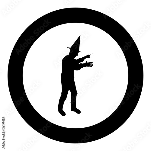 Wizard holds magic wand trick Waving Sorcery concept Magician Sorcerer Fantasy person Warlock man in robe with magical stick Witchcraft in hat mantle Mage conjure Mystery idea Enchantment silhouette 