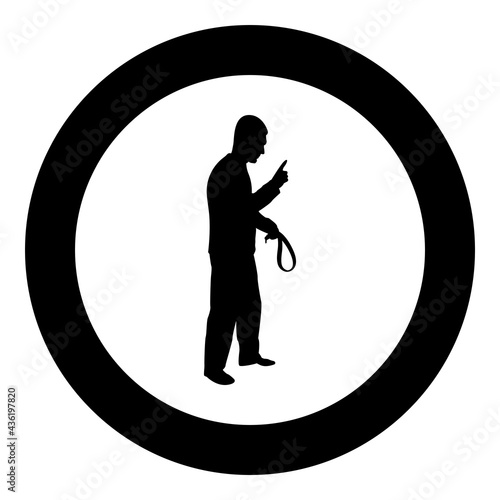 Angry man with belt in hand for punishment warns showing index finger Violence in family concept Abuse idea Domestic trouble Fury male threatening victim Social problem Husband father emotionally 