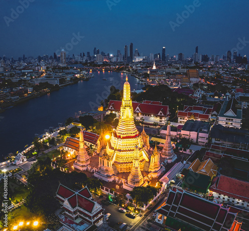 Aerial view of Wat Arun temple in Bangkok Thailand during lockdown covid quarantine