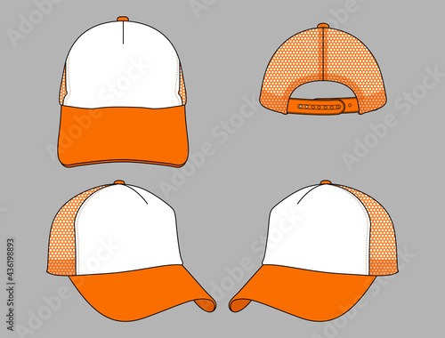 Two Tone Mesh Trucker Cap Orange-White with Adjustable Snap Back Strap Design on Gray Background, Vector File.