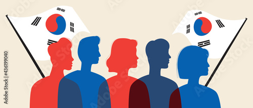Silhouettes of Koreans with the flag of Korea, color vector stock illustration with People citizens of Korea as a crowd waving the flag