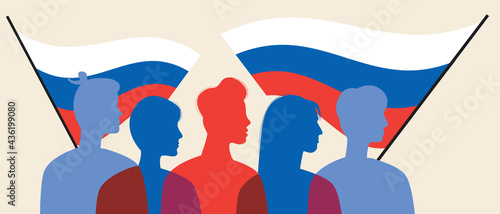 Silhouettes of Russians with the flag of Russia, color vector stock illustration with People citizens of the Russian Federation as a concept of patriotism, pride