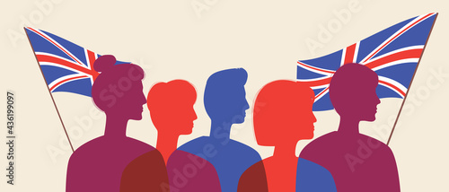 Silhouettes of the British people with the flag of the United Kingdom, color vector stock illustration with People citizens of Great Britain as a crowd, group