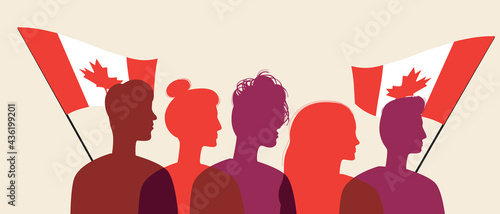 Silhouettes of Canadians with the flag of Canada, color vector stock illustration with People citizens of Canada as a crowd waving the flag