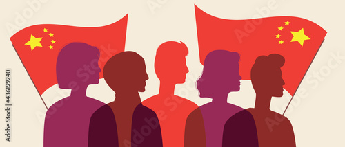 Silhouettes of Chinese people with the flag of China, color vector stock illustration with People citizens of China as a crowd waving the flag