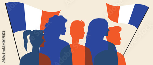 Silhouettes of French people with flag of France, color vector stock illustration with crowd waving flag