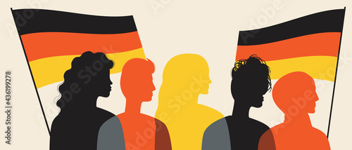 Silhouettes of Germans with the flag of Germany, color vector stock illustration with People citizens of Germany as a crowd waving the flag