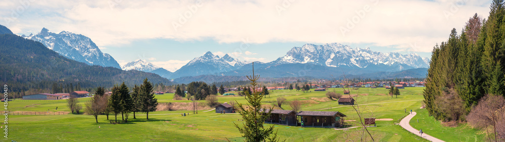 idyllic landscape Wallgau with alps view and golf court, upper bavaria