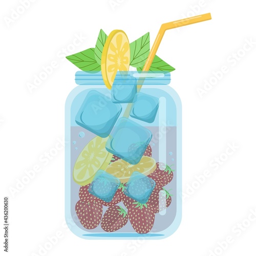 Soft drinks, fruit cocktails strawberries with orange, carbonated soft drink in a glass jar decorated with a slice of lemon, vector object in flat style on a white background.