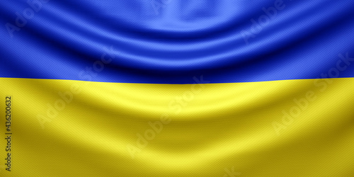 Hanging wavy national flag of Ukraine with texture. 3d render.