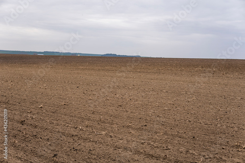 A pure plowed field under the cloudy sky.