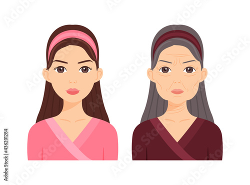 Beautiful young girl with smooth skin. A Nice Old Lady with Wrinkles.Woman and Aging.Gray Hair.Flat color cartoon style.White background.Vector stock illustration.