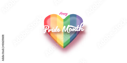 Happy pride month horizontal banner with heart and pride color flag isolated on white background. Pride month or pride day poster, flyer, invitation party card deign template.