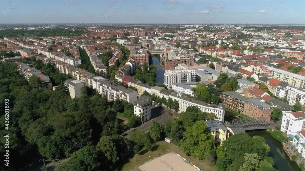 Approach to the Schleußig district. Panorama of the city of Leipzig. White Elster river in the city. Approach to the Schleußig district. Panorama of the city of Leipzig. White Elster river in the city.