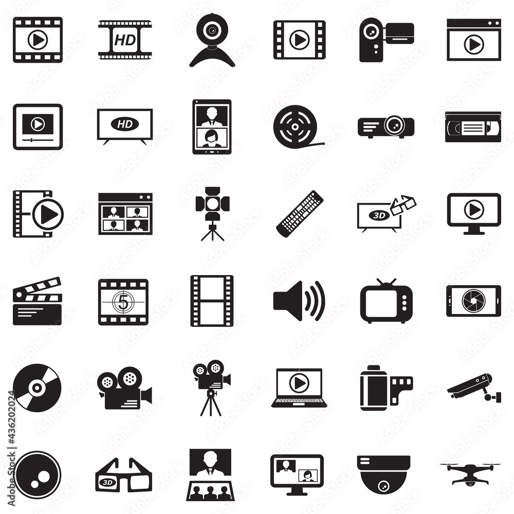 Video Icons. Black Flat Design. Vector Illustration.