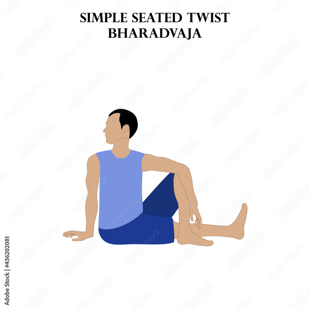 Simple seated twist yoga workout. Bharadvaja. Man doing yoga illustration Simple seated twist yoga workout. Bharadvaja. Man doing yoga illustration