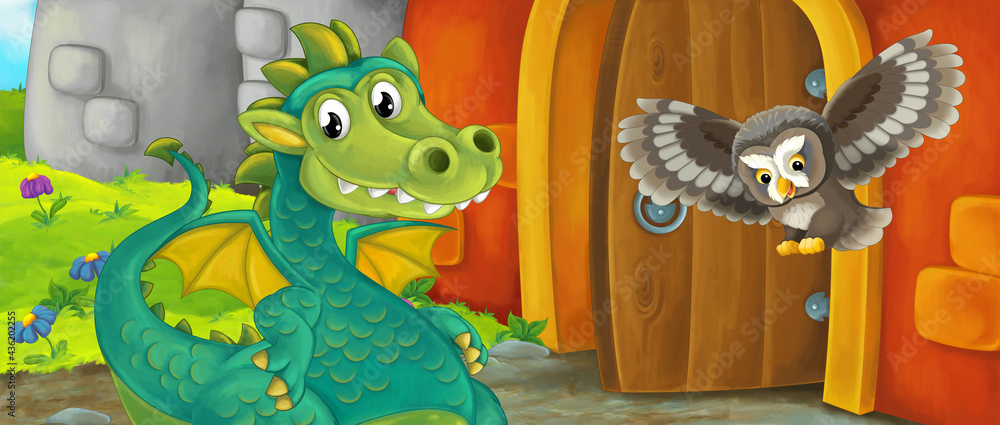 Naklejka premium Cartoon dragon near castle entrance illustration