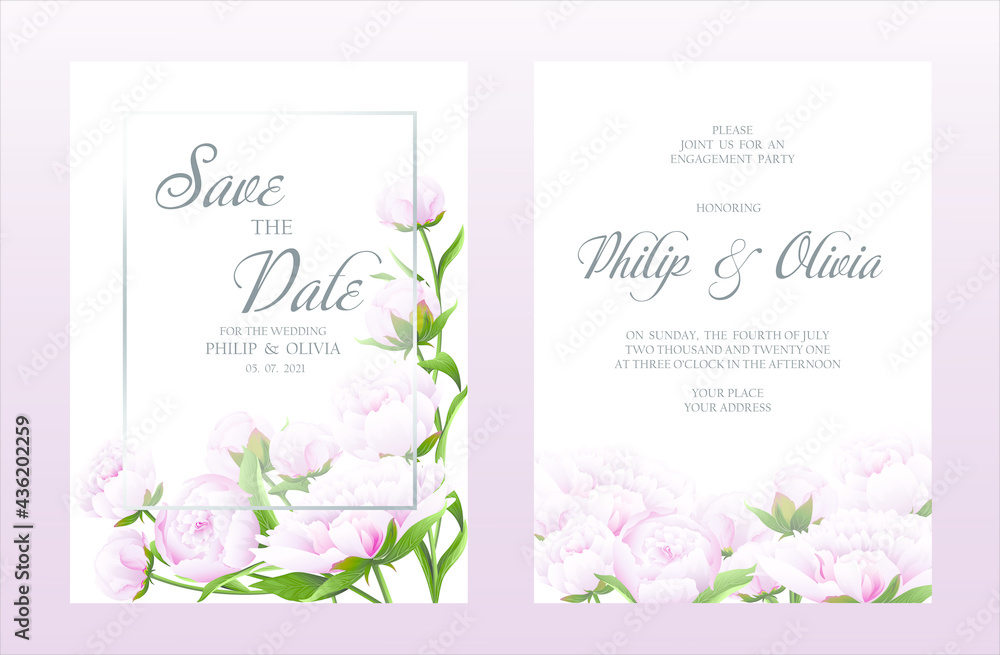 Beautiful peonies wedding invitation card template. Vector illustration.