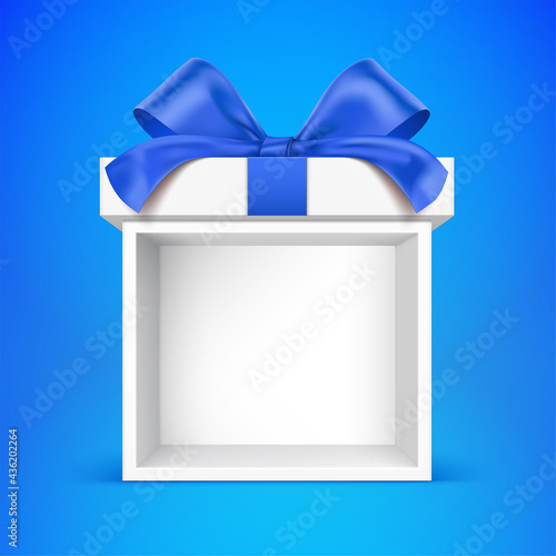 White gift box on the blue background, with empty space for object placement.
