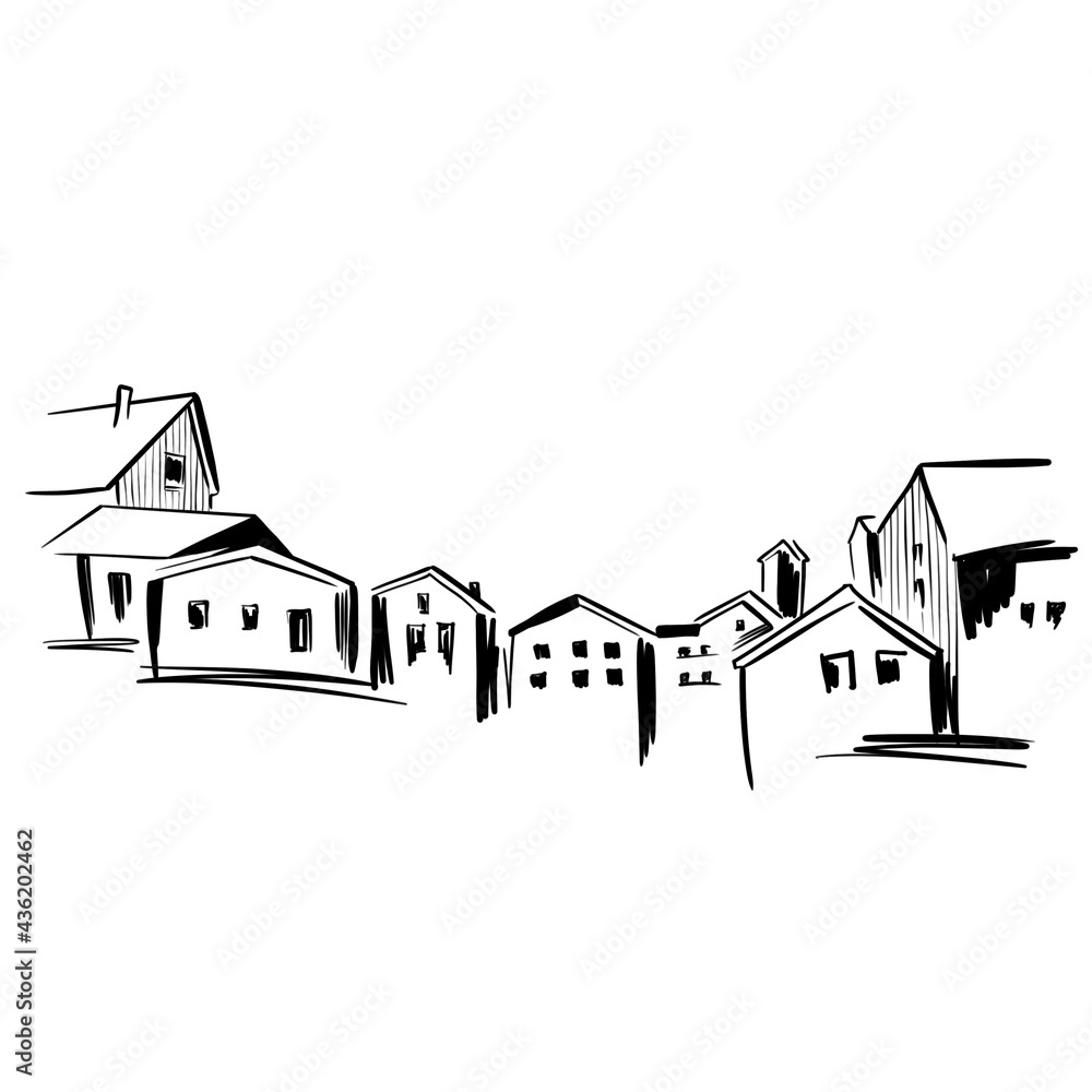 Little country houses in one street hand drawing Little country houses in one street hand drawing