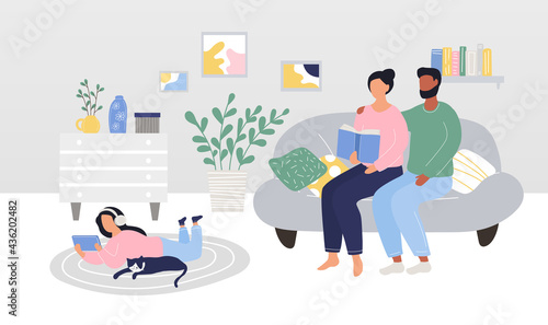 Cute family with child and a cat spending time together in living room
