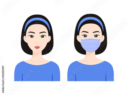 Beautiful and cute Asian woman with a medical mask on her face. A girl without a mask. Flat color cartoon fashion style. Avatar. White background. Vector illustration.