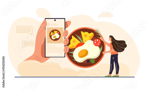 Young female character food blogging on her smartphone