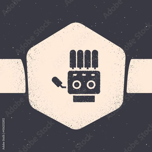 Grunge Mechanical robot hand icon isolated on grey background. Robotic arm symbol. Technological concept. Monochrome vintage drawing. Vector