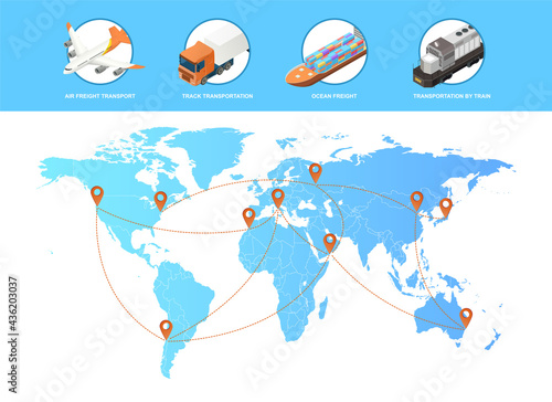 Freight industry logistics and transportation with location pins on world map