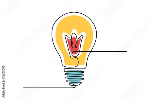 Light bulb in One continuous line drawing. Lamp in lineart style. Editable stroke. Concept of creative idea for business logo, emblem, web banner. Colorful doodle vector illustration