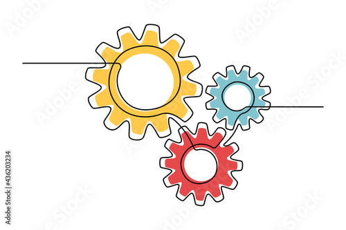 Moving gears wheels in One continuous line drawing. Cogs in simple lineart style. Editable stroke. Concept of business teamwork for logo, emblem, web banner. Colorful doodle vector illustration photo