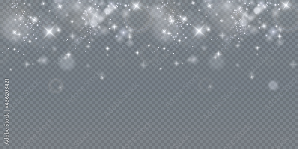 Bokeh light lights effect background. White png dust light. Christmas background of shining dust Christmas glowing golden bokeh confetti and spark overlay texture for your design.