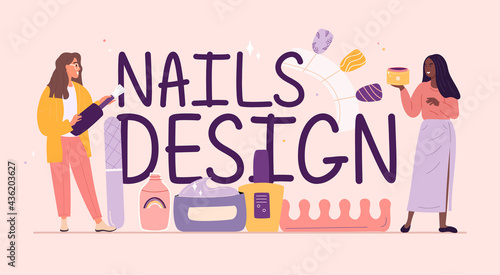 Nail design service typographic header with female characters © Rudzhan