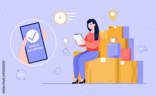 Young female character is ordering product delivery via smartphone application