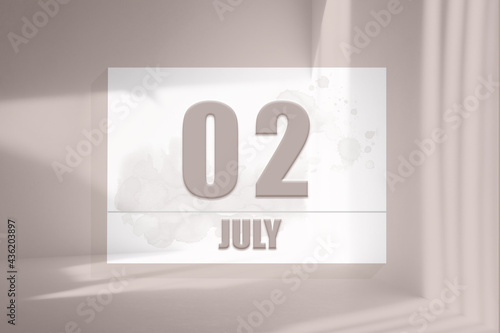 july 02. 02th day of the month, calendar date.White sheet of paper with numbers on minimalistic pink background with window shadows.Summer month, day of the year concept photo