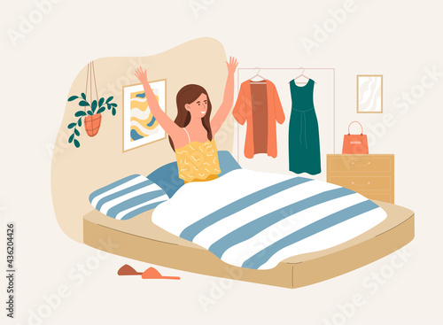 Young female character is waking up in morning feeling happy