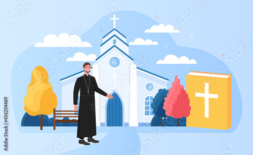Fotografie, Obraz Male priest standing outside big white church