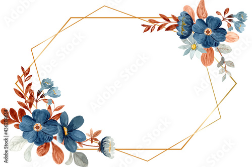 Watercolor blue floral with golden frame