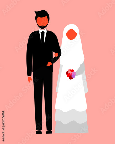 illustration of muslim woman and man get marriage, wedding, love, couple, simple photo