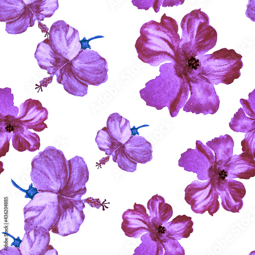 Purple Hibiscus Textile. Vanilla Flower Illustration. Lavender Seamless Texture. Pink Vintage Wallpaper. Pattern Jungle. Watercolor Leaves. Tropical Wallpaper.