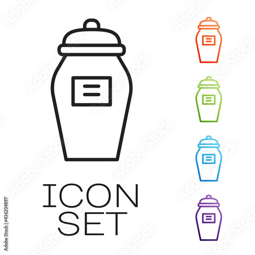 Black line Funeral urn icon isolated on white background. Cremation and burial containers, columbarium vases, jars and pots with ashes. Set icons colorful. Vector