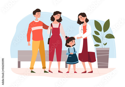 Female pediatric doctor examining sick little girl accompanied by her worried parents
